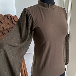 LOFT Olive Green Blouse with Sheer Sleeves